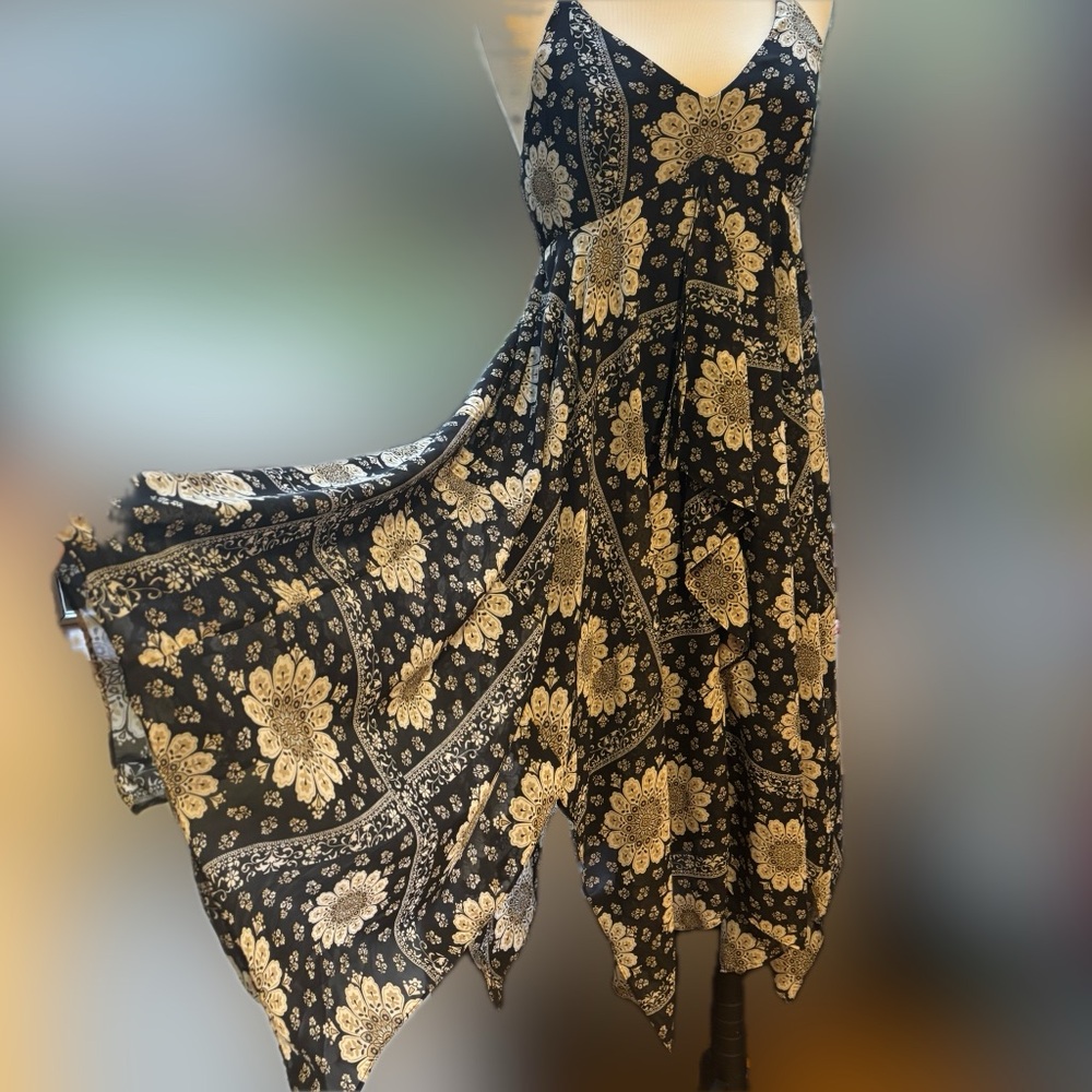 Vintage 90s Y2K Black White Floral Halter Boho Festival Midi Maxi Dress Size 8 - Picture 4 of 11